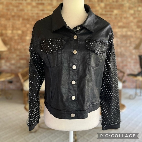 Akira Ammo Rhinestone Jacket L Black Faux Leather Rocker Chic - Picture 2 of 16